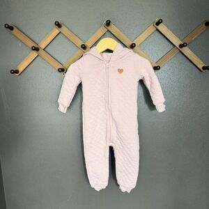 Carter's Child of Mine Pink Quilted Hooded One-Piece Jumpsuit Pram 6-9M Heart